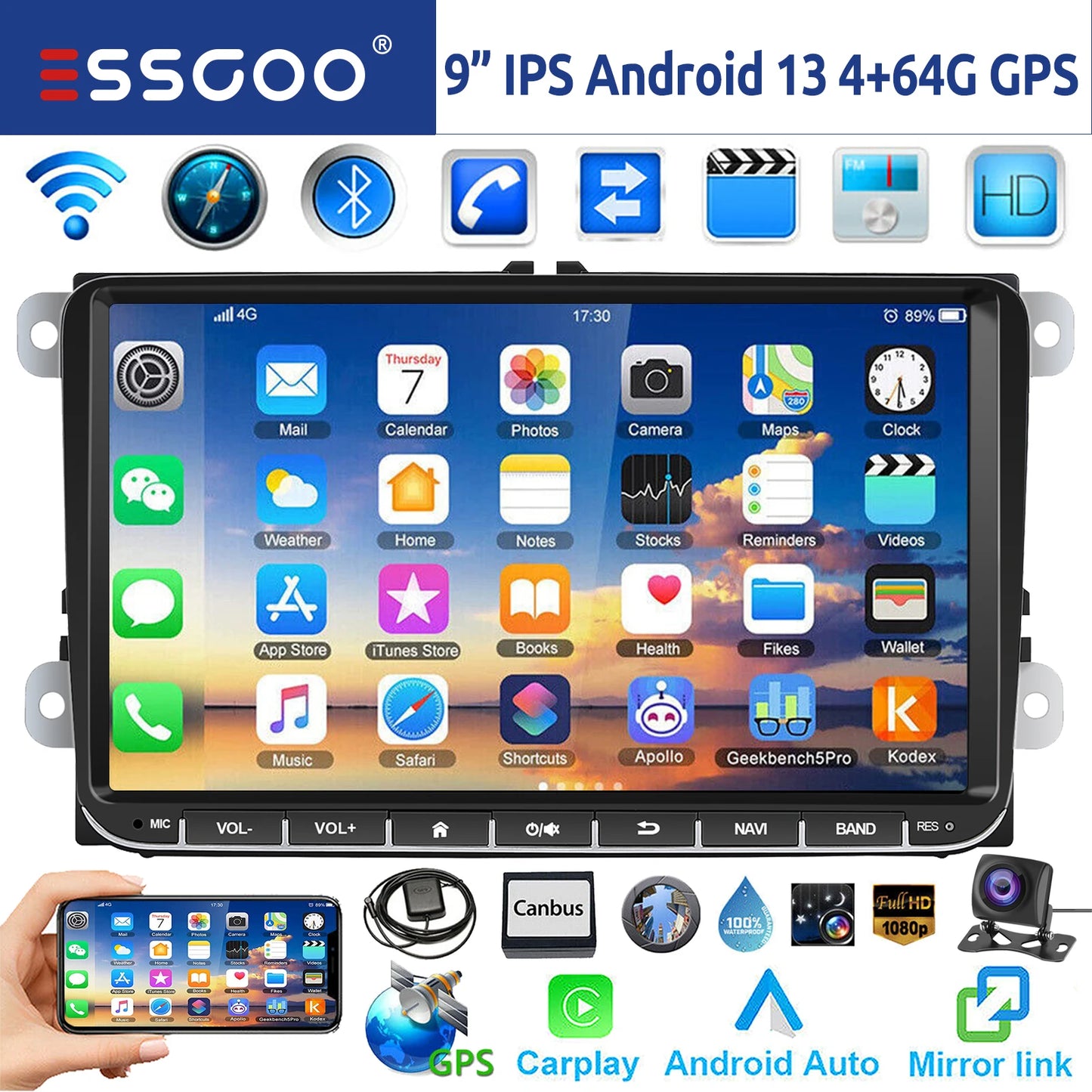 9" Android 14 4G+64G Wireless Carplay Car Stereo GPS NAVI WIFI RDS FM BT EQ for VW Golf 5 6 Passat Polo Touran Tiguan Caddy EOS