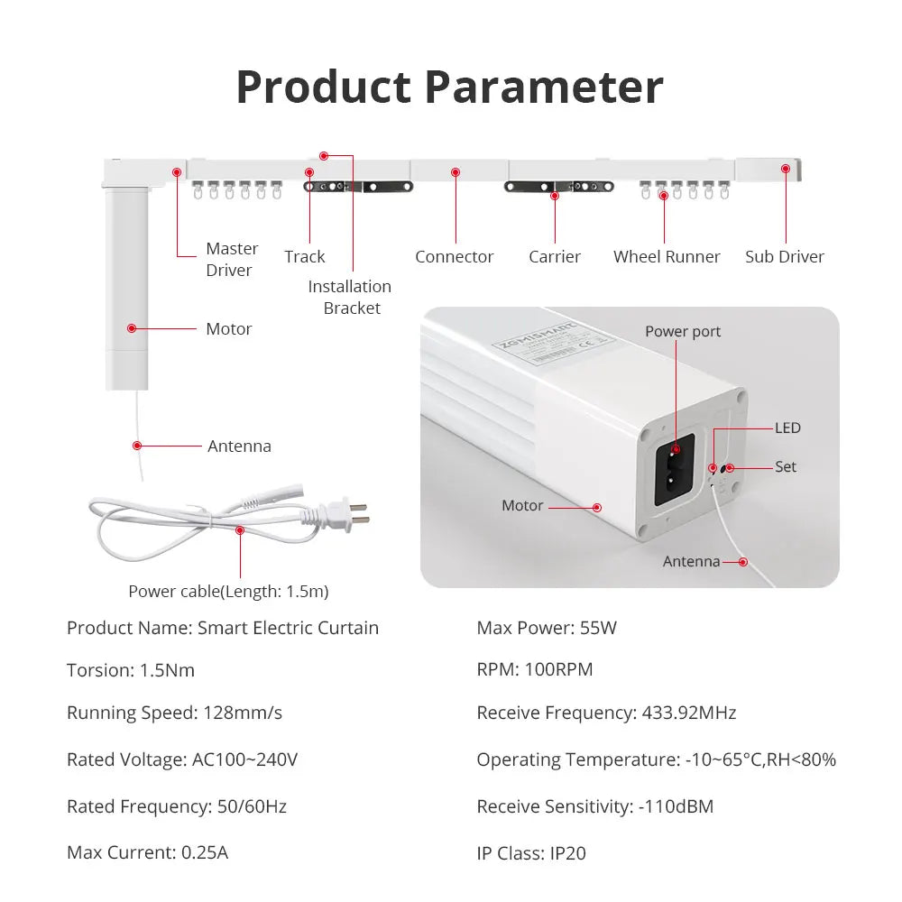 Zemismart Matter WiFi Smart Electric Curtain Motor with Sliding Track, Works with Alexa Google Home Apple HomeKit Tuya App