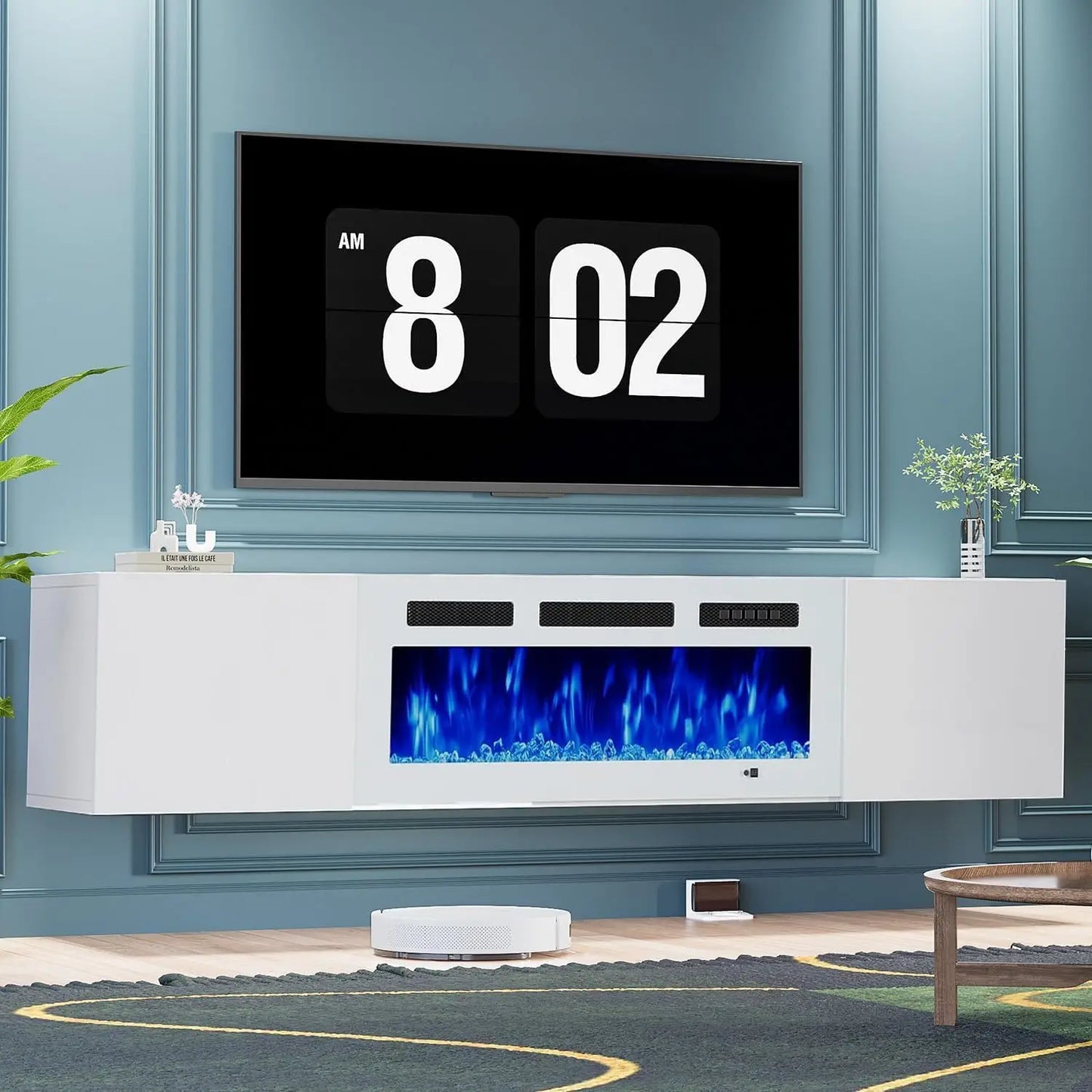 70'' Floating TV Stand with 36"Electric Fireplace, Entertainment Center Wall Mounted,Modern Wood Media TV Console with Fireplace