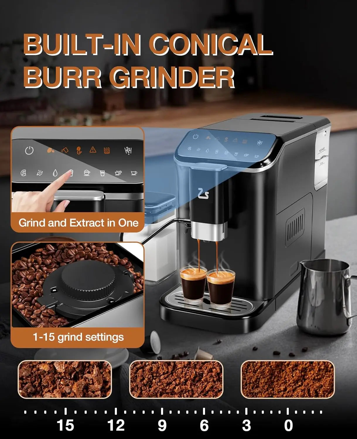 Fully Automatic Espresso Machine with Milk Frother Steam Wand Built-in Grinder Touch Screen Coffee Maker 7 Coffee Varieties