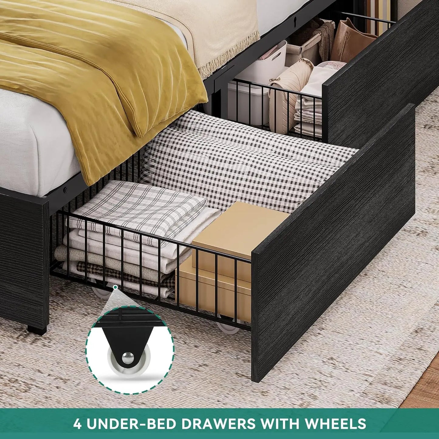 Queen Bed Frame Bookcase Headboard, 4 Drawers, RGB LED, Type-C & USB, No Box Spring, Noise Free, Black