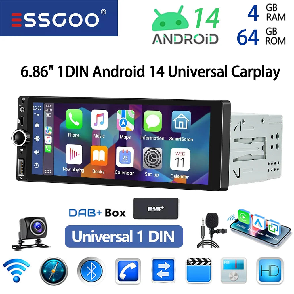 ESSGOO 6.86" Android 14 1 DIN 4+64G Car Stereo Radio Carplay Android Auto 1DIN GPS NAV Wifi BT RDS WIFI BT USB Type-C Universal