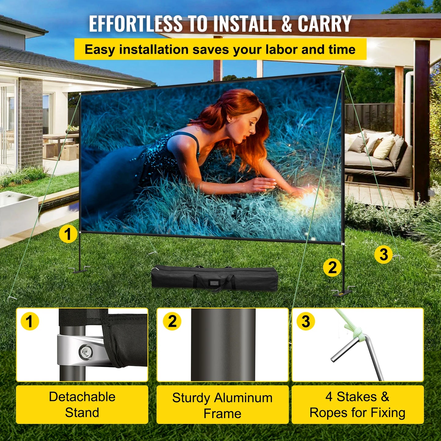 VEVOR 180 Inch Projector Screen with Stand 16:9 4K HD Wide Angle with Storage Bag Portable Home Cinema for Outdoor and Indoor
