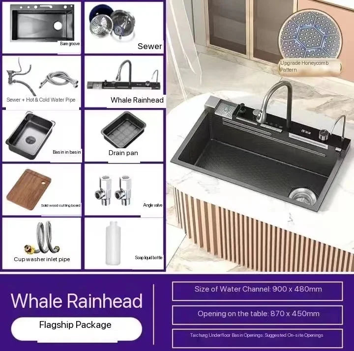 2025 Tiktok Newest Design 30 Inch Waterfall Faucet Black Bionic Honeycomb 304 Stainless Steel Big Single Bowl Kitchen Sink