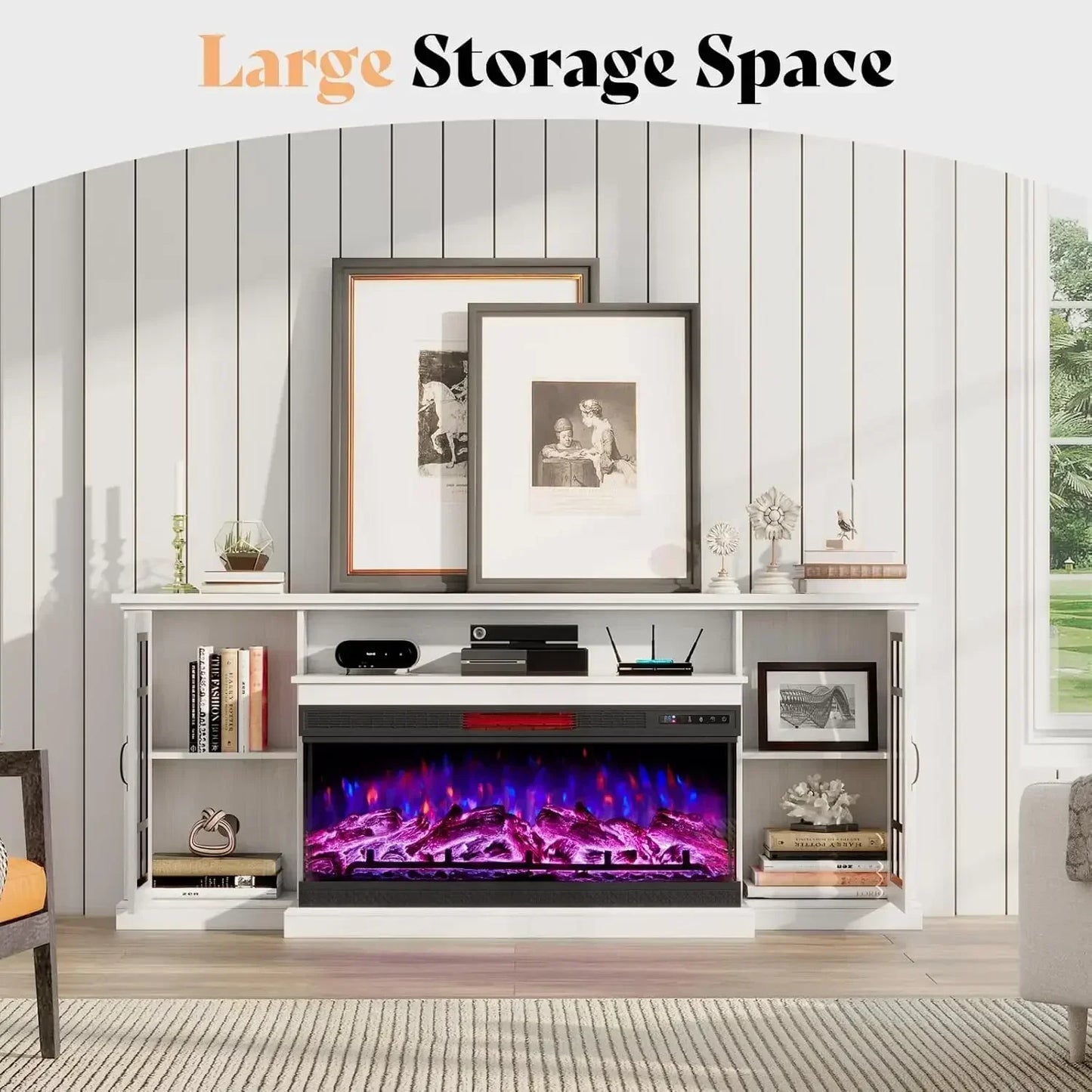 75in 3-Sided Glass Fireplace TV Stand for TVs up to 85", Rustic Media Entertainment Center Console Table , Distressed White