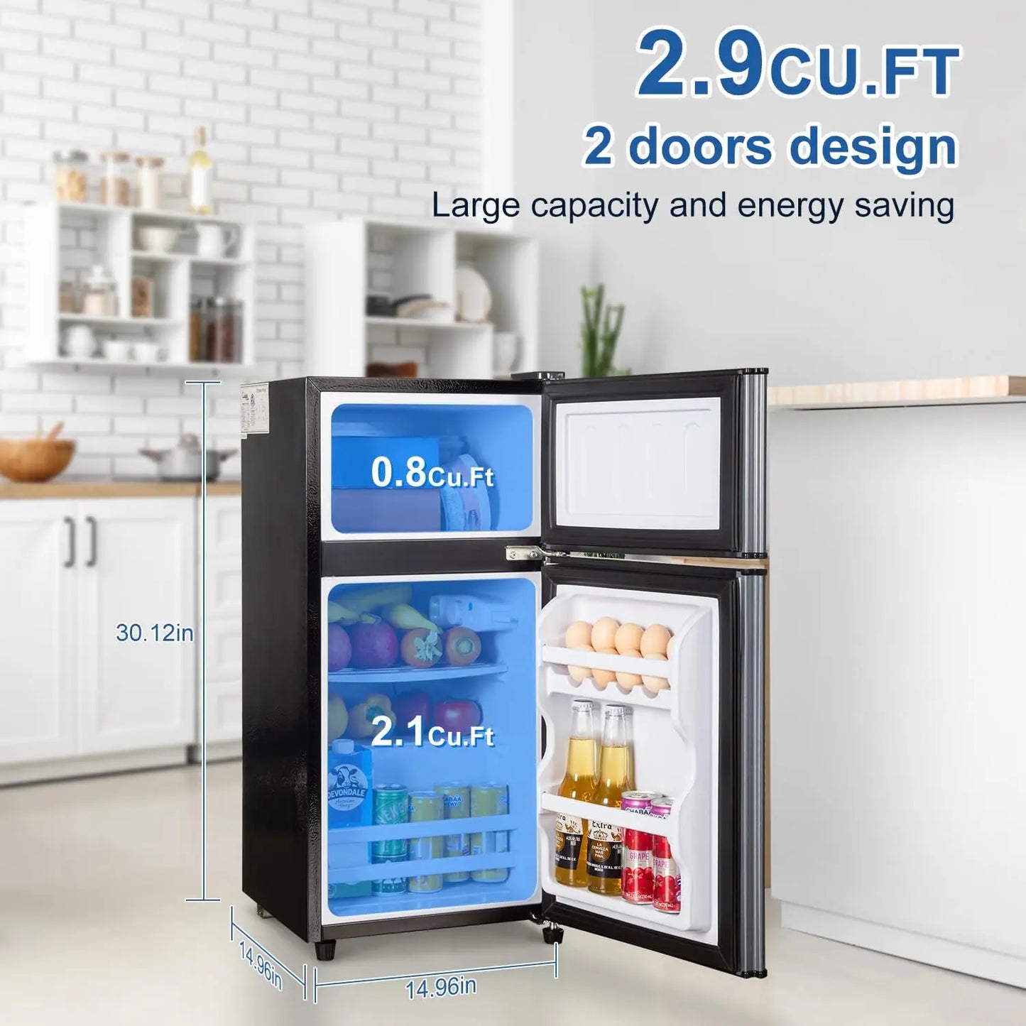 Mini Fridge with Freezer, 2.9 Cu.Ft Small Fridge, Energy Saving, Low Noise,7 Adjustable Thermostat, Double Door Refrigerator