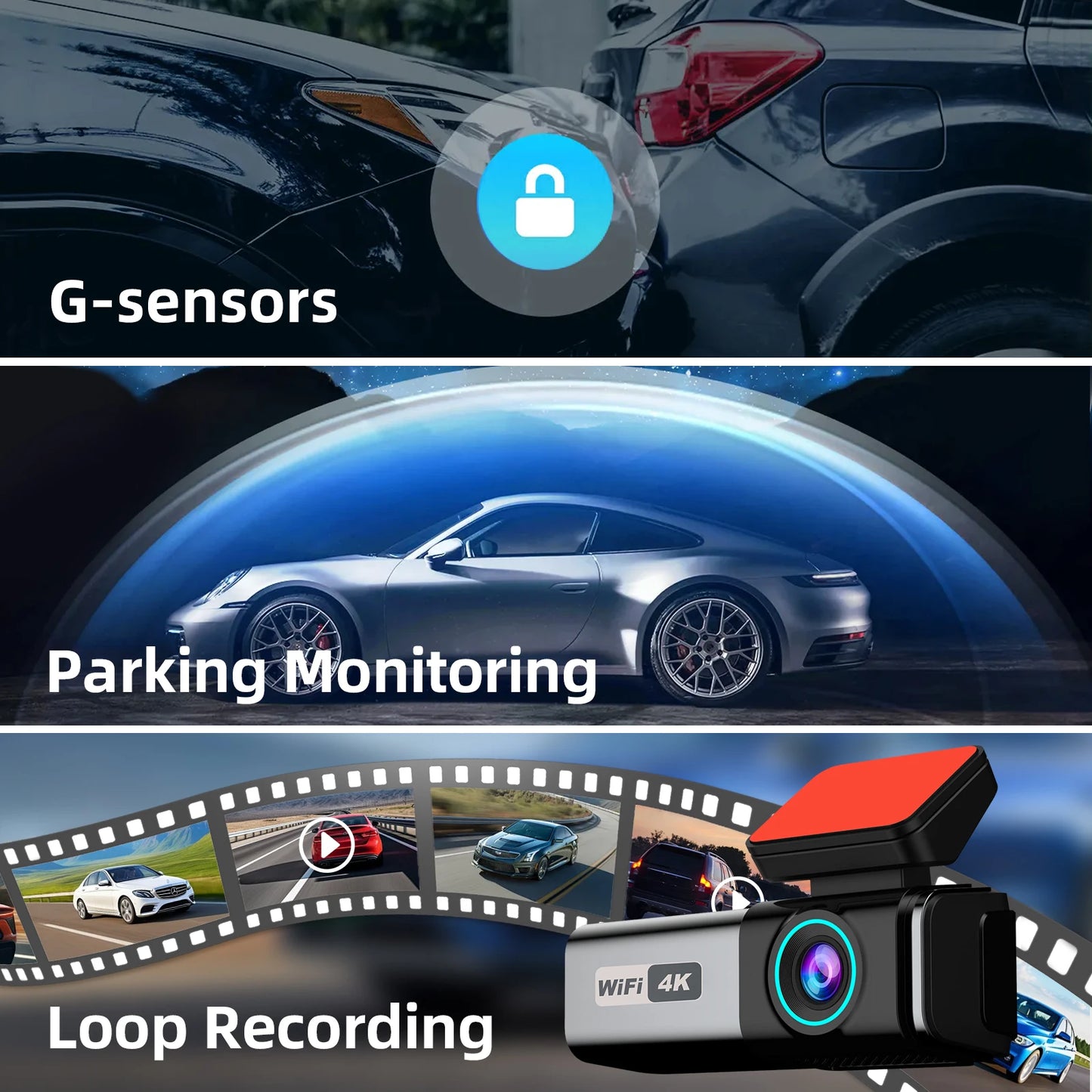 Aprilboy K8 WIFI Car Dash Cam 4K 2160P Car DVR Front and Rear Dual Lens Auto Car Camera with Night Vision G-Sensor 24H Monitor