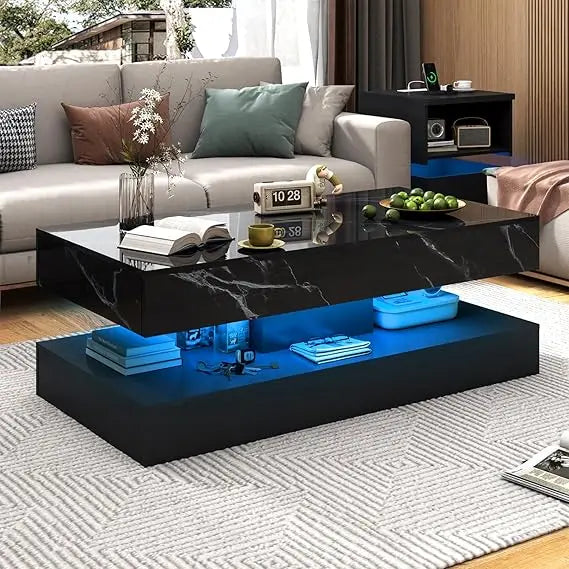 47inch Large High-Glossy LED Coffee Table with 2 Sliding Drawers, Living Room Storage Tables with Marbling Print, Modern Stylish