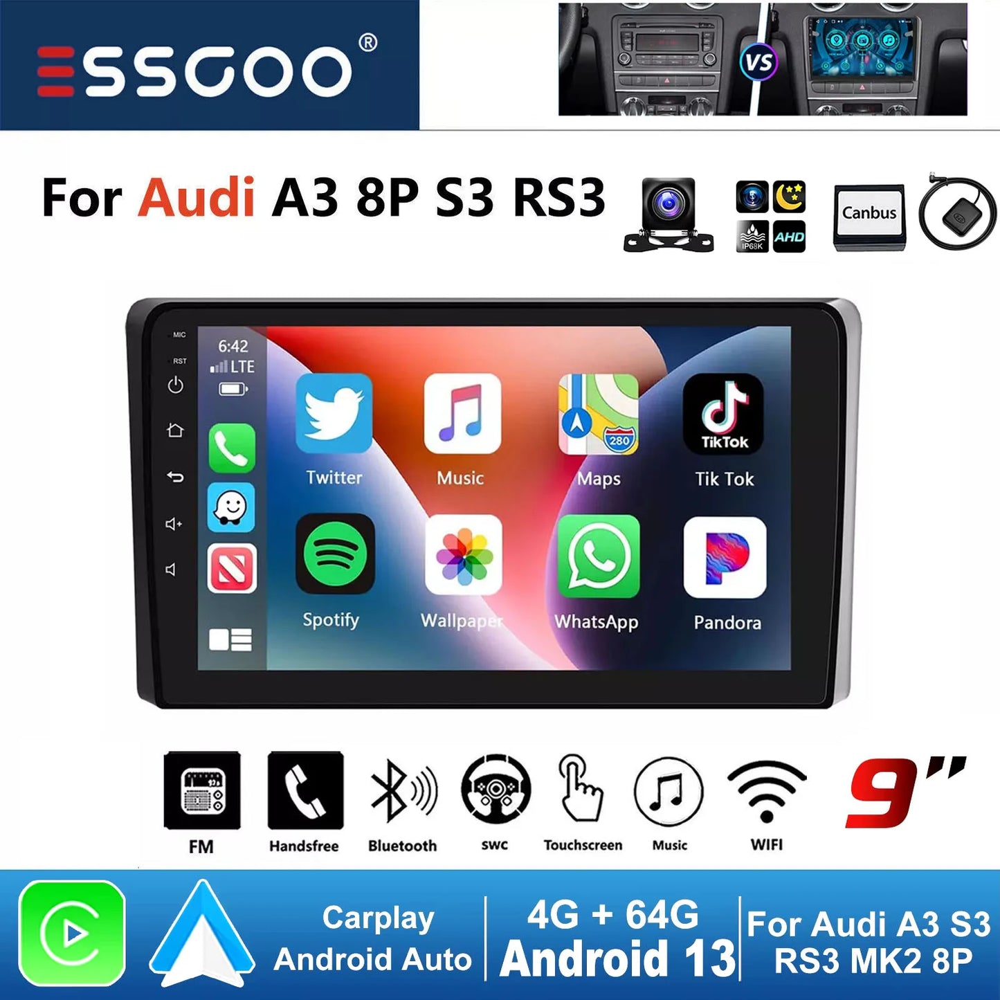 ESSGOO 9" Carplay AndroidAuto Car Stereo Multimedia Player Radio Android 13 GPS SAT Navi Wifi BT FM RDS For Audi A3 8P 2003-2013