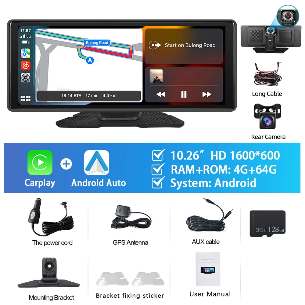 Podofo 4+64G Android 13 Car Monitor Wireless Carplay Android Auto 10.26'' Dashboard Dash Cam GPS WIFI Front Camera Smart Player