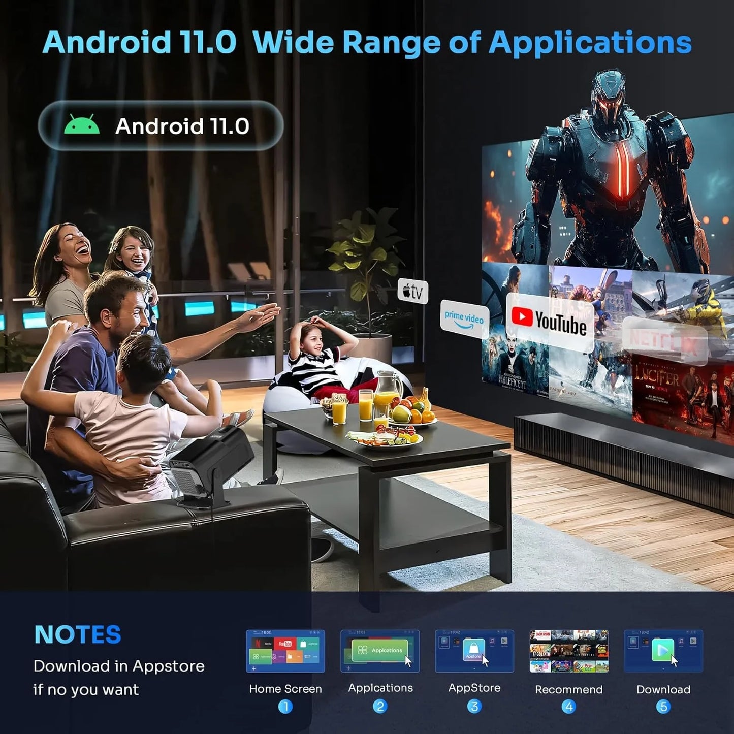 Smart Projector Native 1080P Support 4K, 390 ANSI HD Brightness, Android 11.0, WiFi 6, Auto Focus & Keystone Correction