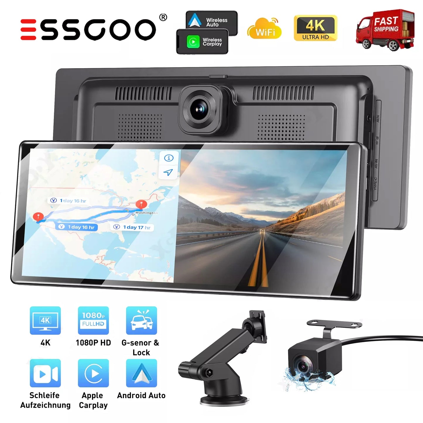 4K+1080P 11.3Inch Touch Dash Cam Car Stereo Wireless Apple Carplay Android Auto DVR GPS WIFI AUX BT FM Dual-Lens Video Recorder