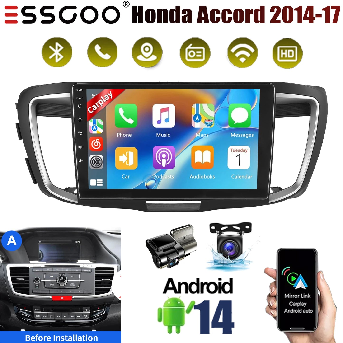 2+32G Apple Carplay For Honda Accord 2014-2017 Android 14 10" Car Stereo GPS Navigation Bluetooth FM/RDS Radio IPS Touch Screen