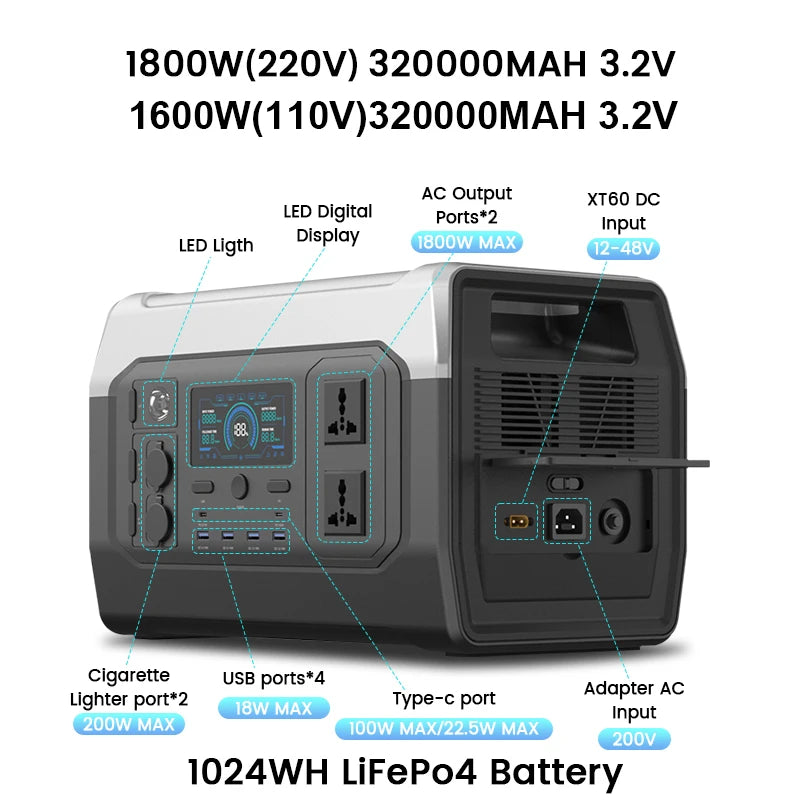 CTOLITY Portable Power Station Outdoor 1024Wh Lifepo4 110V 220V AC Pure Sinve Wave Camping Solar Generator for Garden Party New