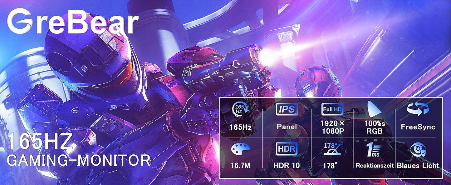 GreBear 165/144Hz Gaming Monitor 24 Inch - FHD 1080P IPS Screen 1ms (GTG) Home Office Computer Display, FreeSync Technology, 100