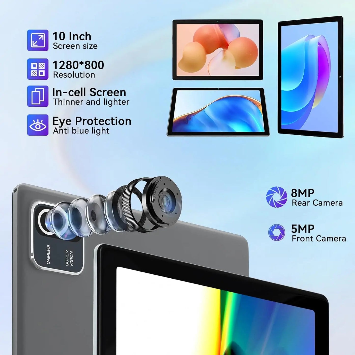 AEEZO MB1001 10 Inch Android Tablet Quad-Core 6GB RAM 64GB ROM 5MP+8MP Dual Camera HD IPS Display WiFi Bluetooth PC Pad Tablets