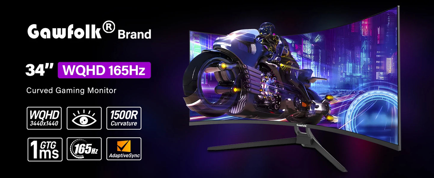 34" Curved Gaming Monitor, IPS WQHD(3440x1440P) 165Hz 1500R 21:9 UltraWide PC Display, 128% sRGB, AMD FreeSync, Blue Light Filte