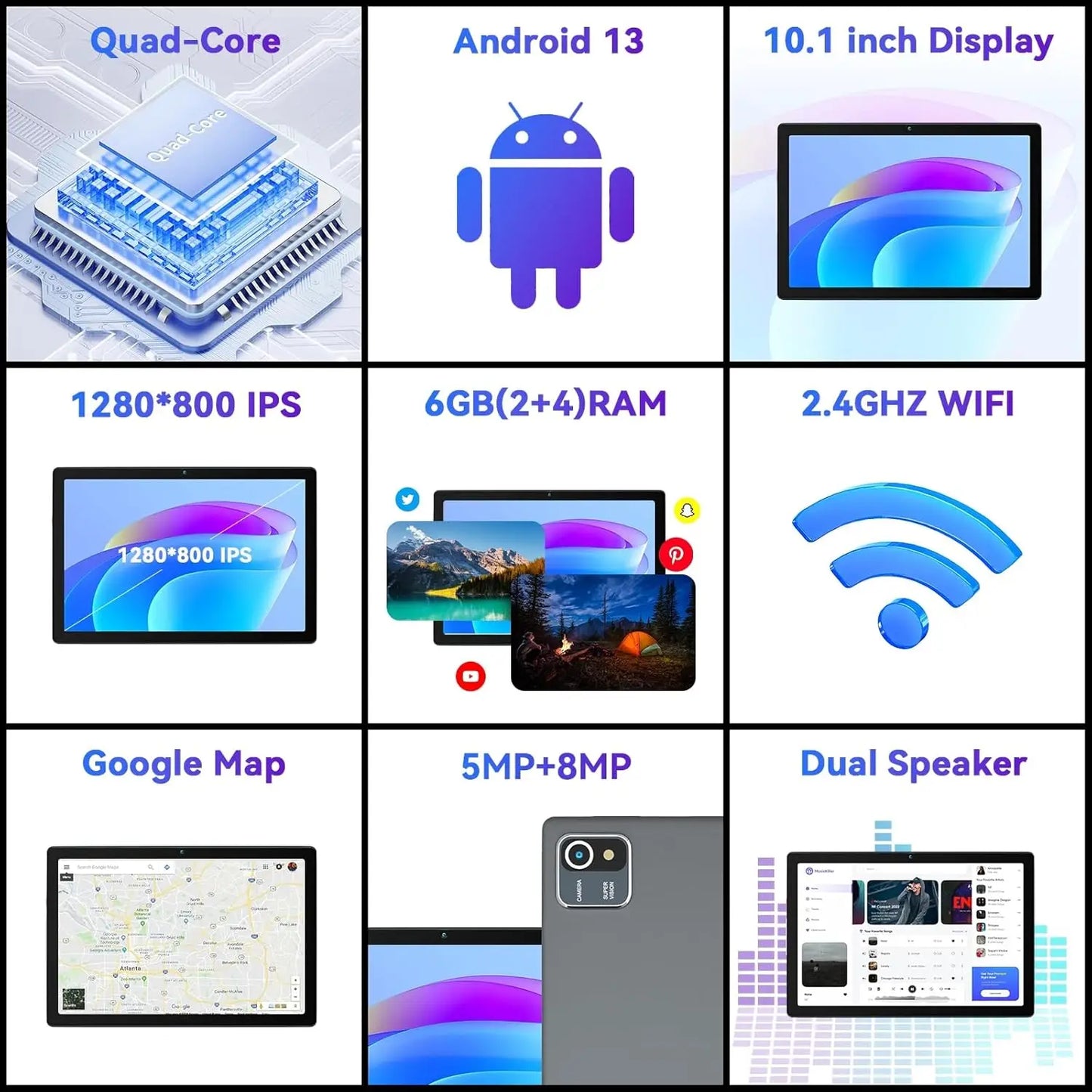 AEEZO MB1001 10 Inch Android Tablet Quad-Core 6GB RAM 64GB ROM 5MP+8MP Dual Camera HD IPS Display WiFi Bluetooth PC Pad Tablets