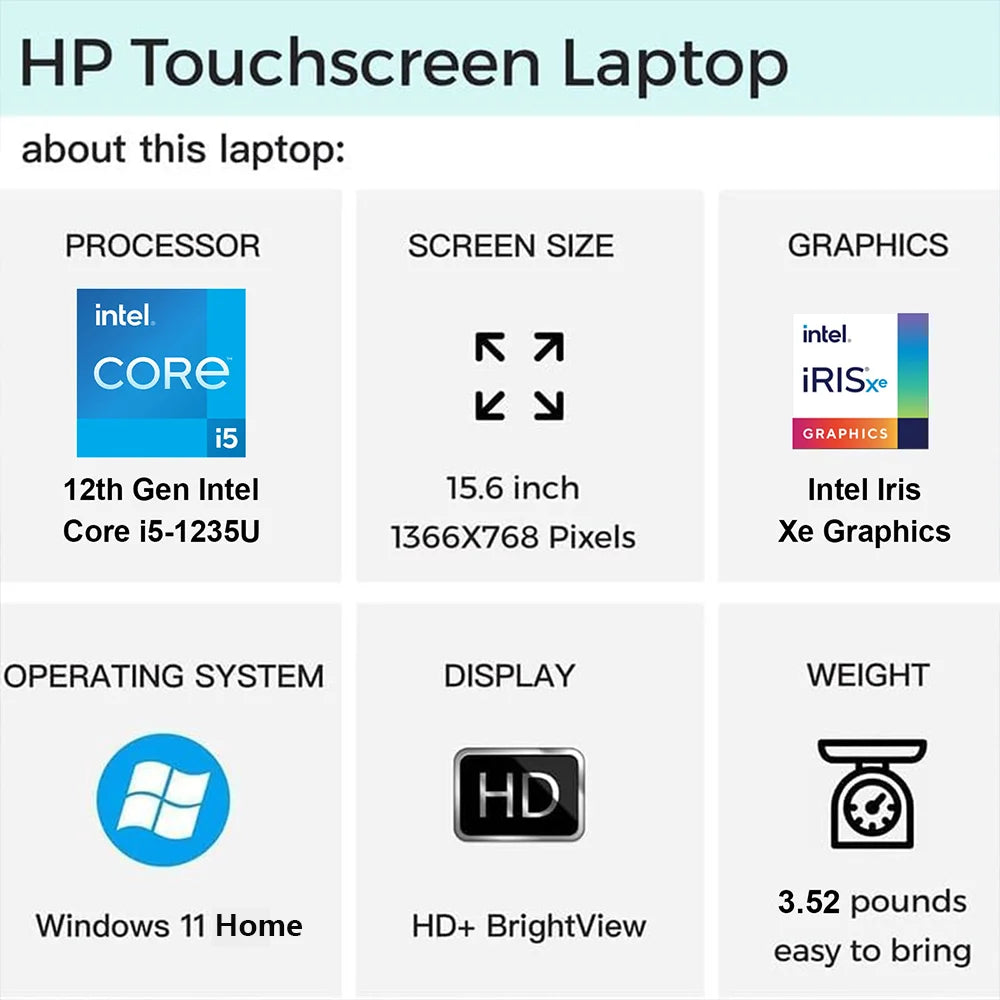 HP 15.6" Touchscreen Laptop,Business Laptop,Intel Core i5-1235U,Up to 64GB RAM,2TB SSD,Intel Iris Xe Graphics,WiFi 6E,Silver