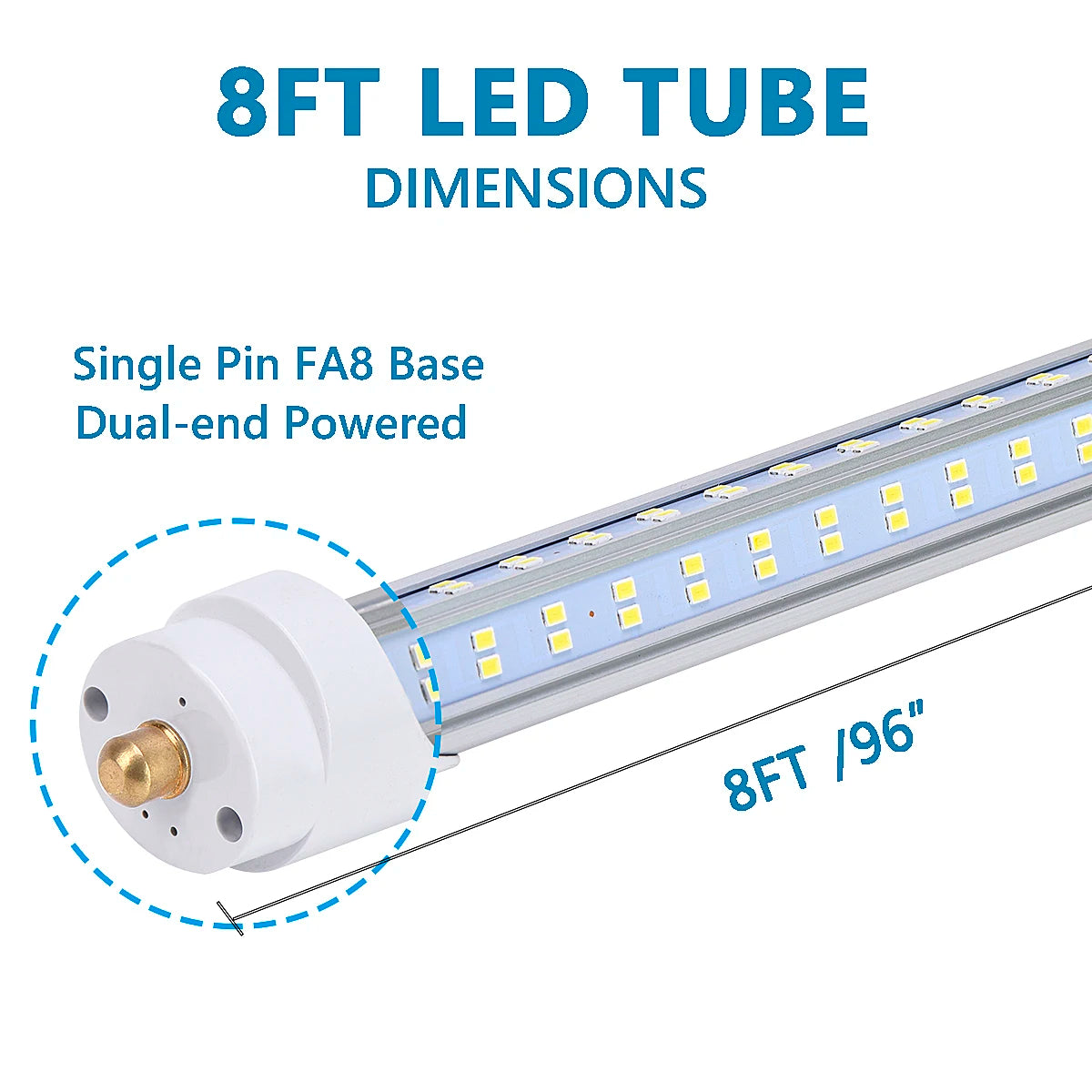 8FT LED Tube Light, 120W 6000K clear cover,Single Pin FA8 Base,Double side 4 rows V-shaped,T8 T10 T12 LED Fluorescent Bulb