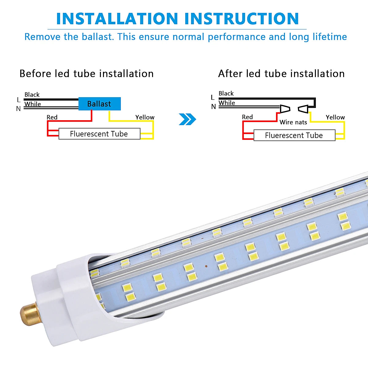 8FT LED Tube Light, 120W 6000K clear cover,Single Pin FA8 Base,Double side 4 rows V-shaped,T8 T10 T12 LED Fluorescent Bulb