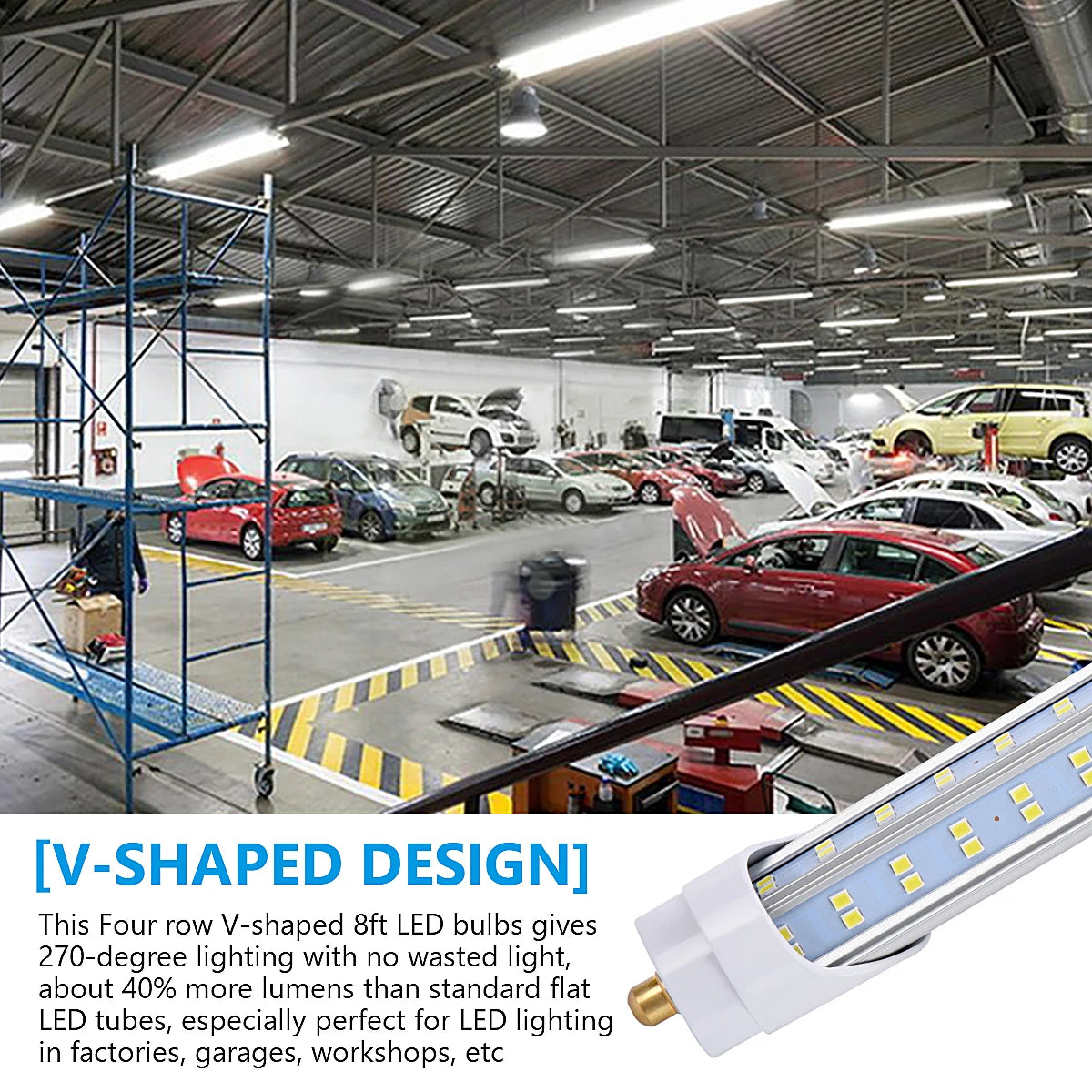 8FT LED Tube Light, 120W 6000K clear cover,Single Pin FA8 Base,Double side 4 rows V-shaped,T8 T10 T12 LED Fluorescent Bulb