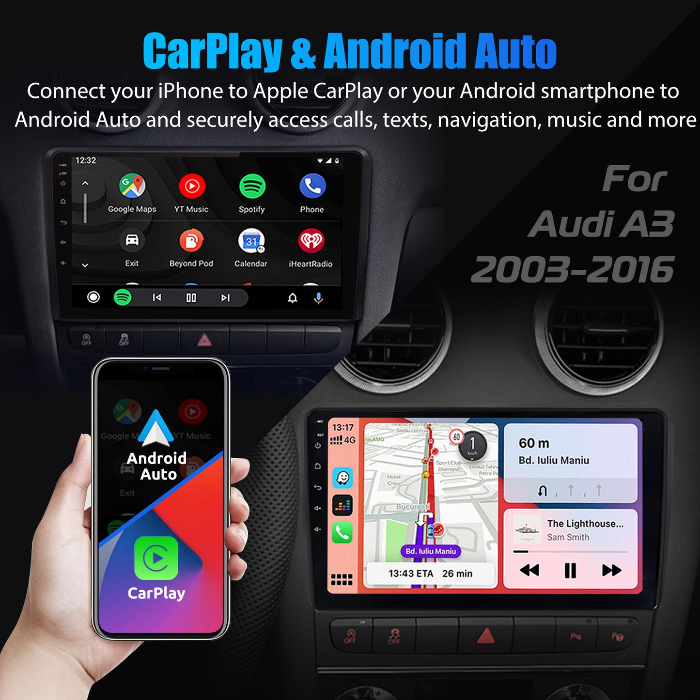 ESSGOO 9" Carplay AndroidAuto Car Stereo Multimedia Player Radio Android 13 GPS SAT Navi Wifi BT FM RDS For Audi A3 8P 2003-2013