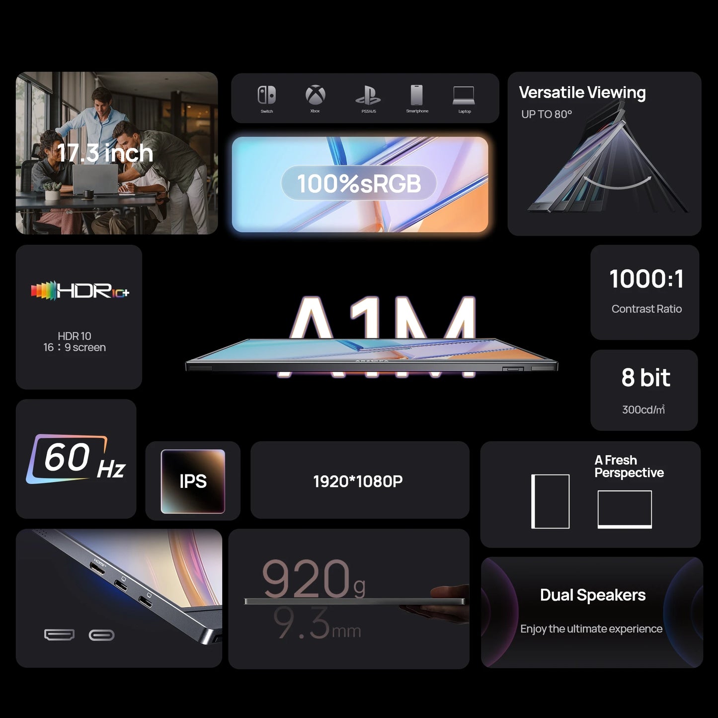 ARZOPA 17.3 FHD Portable Monitor 1080P External Display IPS Screen with USB C mini-HDMI Port for Laptop Mac PC Xbox PS Switch