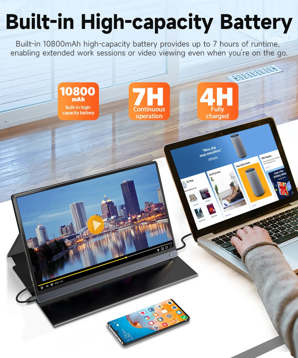 UPERFECT 15.6'' Portable Monitor IPS HDR FHD Matte Screen Eye Care With 10-Point Capacitive Touch 10800mAh Rechargeable Battery