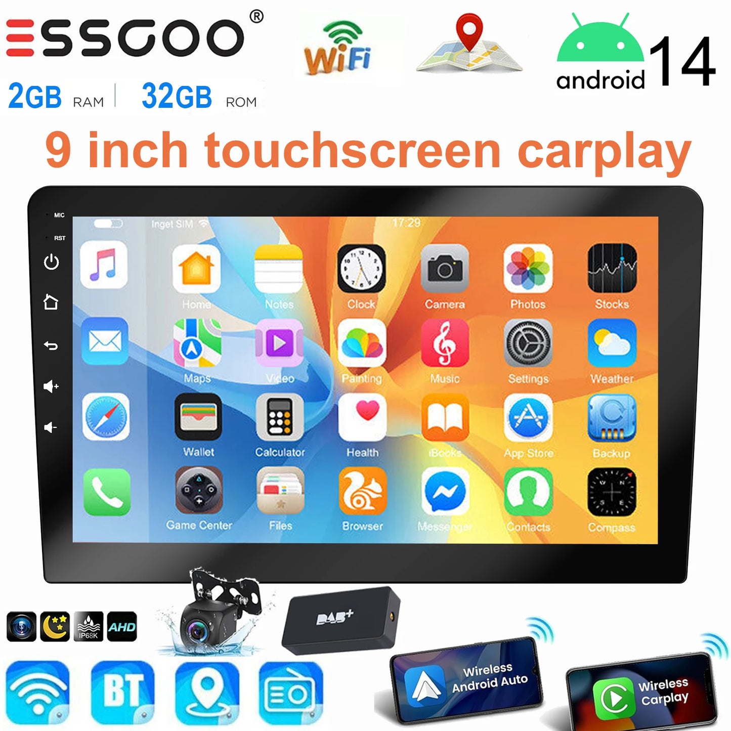ESSGOO 9 Inch touchscreen 2 DIN Car stereo radio Android 14 Wireless Carplay Android auto play  GPS Navi WiFi FM RDS SWC BT USB