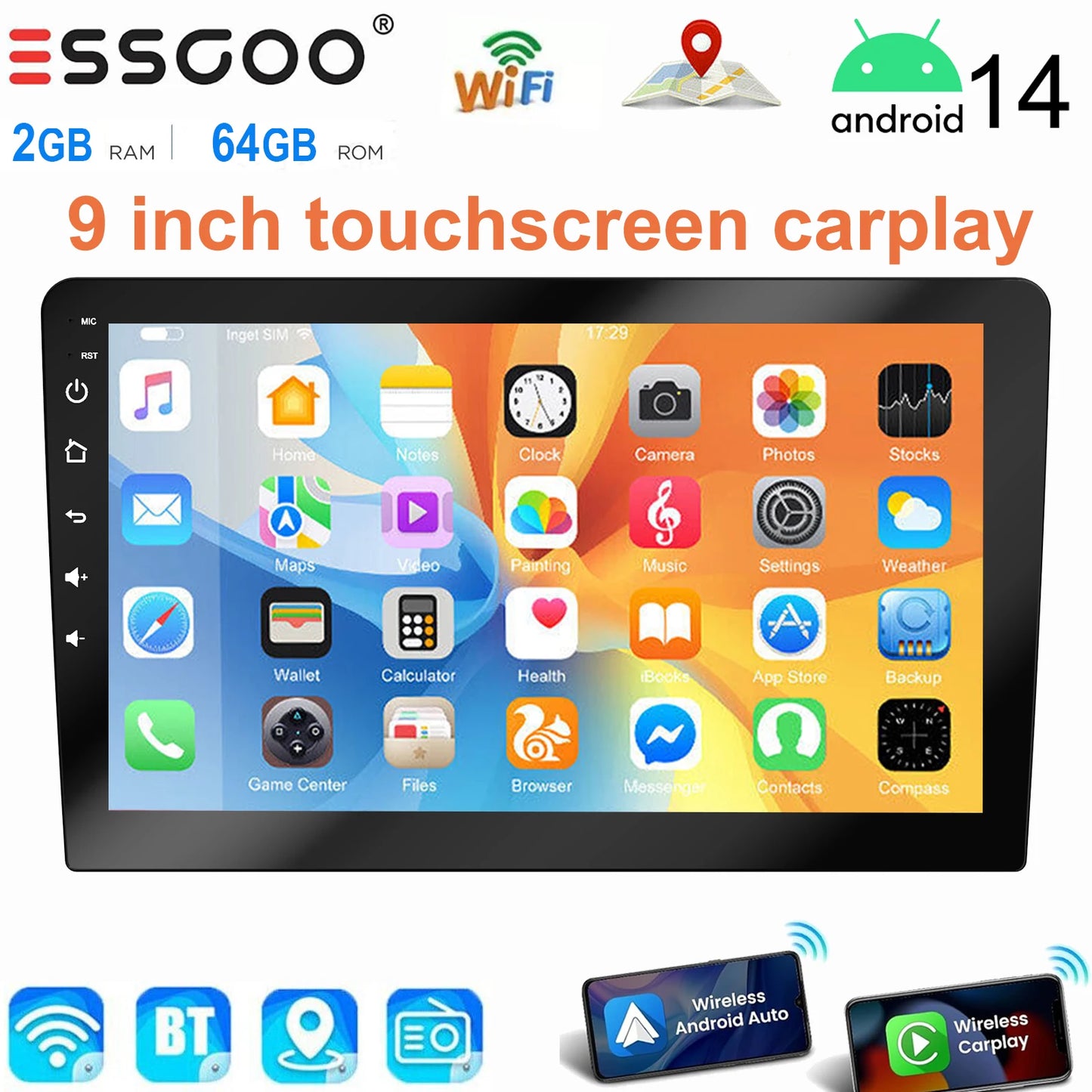 ESSGOO 9 Inch touchscreen 2 DIN Car stereo radio Android 14 Wireless Carplay Android auto play  GPS Navi WiFi FM RDS SWC BT USB