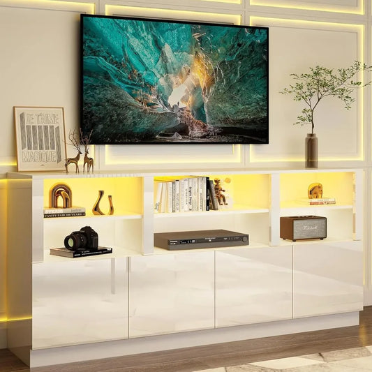 32'' Tall White TV Stand for 65/75/80/85 Inch TVs with RGB LED Lights,Modern High Gloss Entertainment Center Cabinet Stands with
