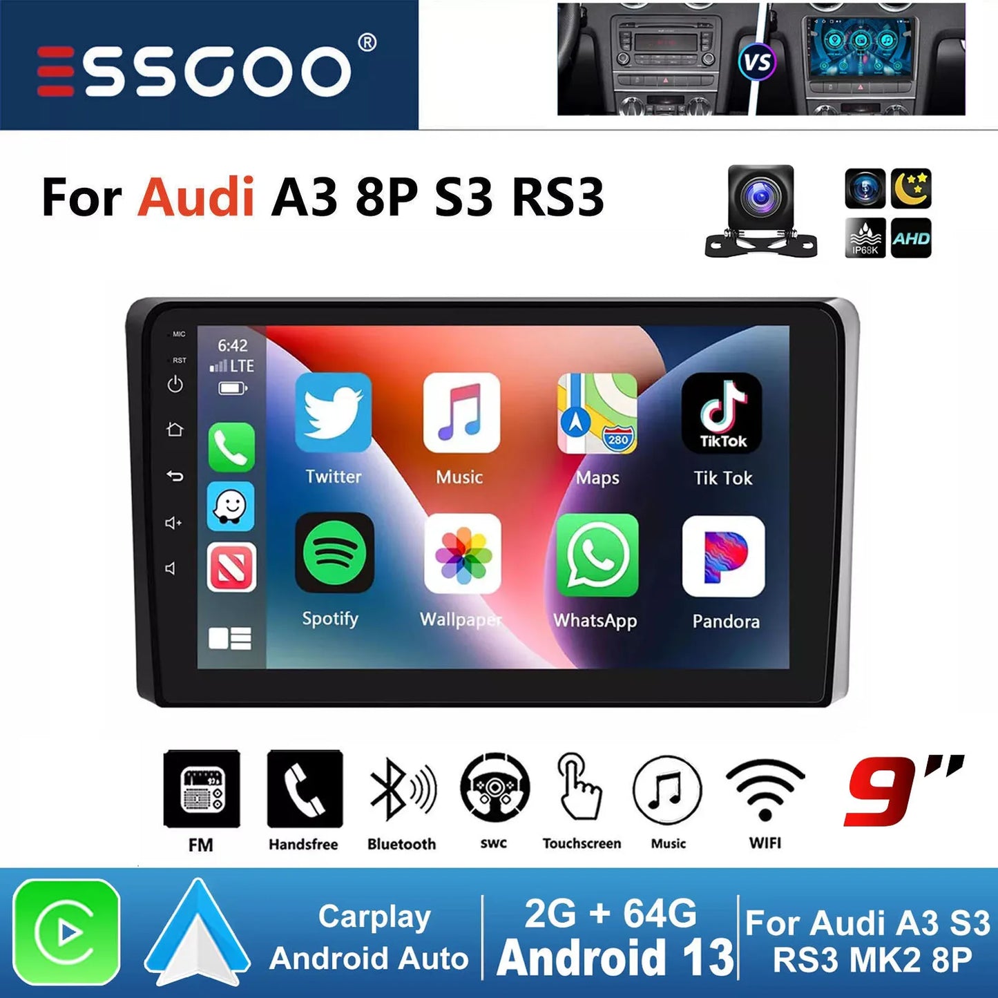 ESSGOO 9" Carplay AndroidAuto Car Stereo Multimedia Player Radio Android 13 GPS SAT Navi Wifi BT FM RDS For Audi A3 8P 2003-2013