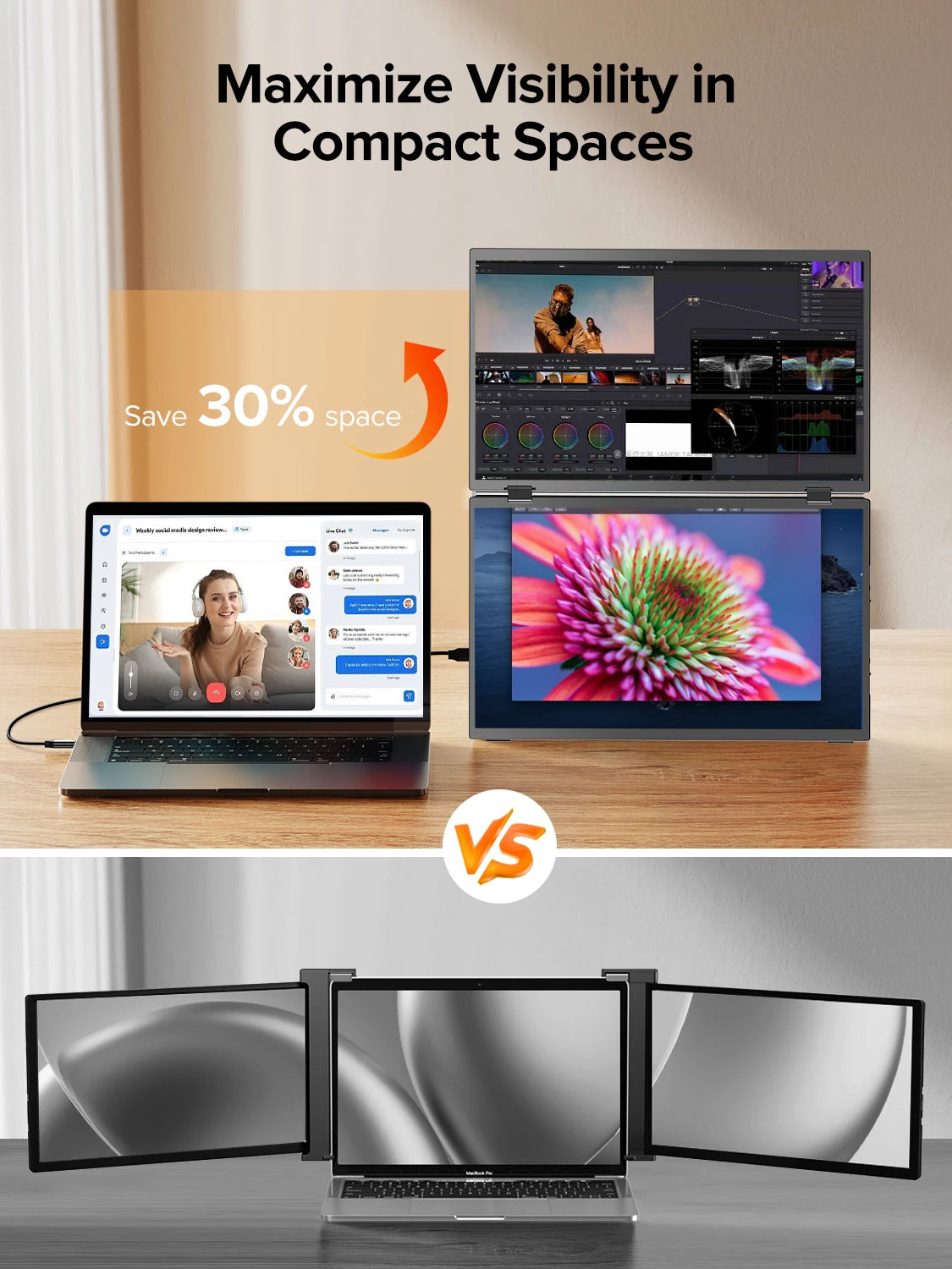 EVICIV 15.6" Dual Portable Monitor for Laptop Screen Extender 1080P HDR 360° Folding Stacked Triple Monitor with Stand for PC