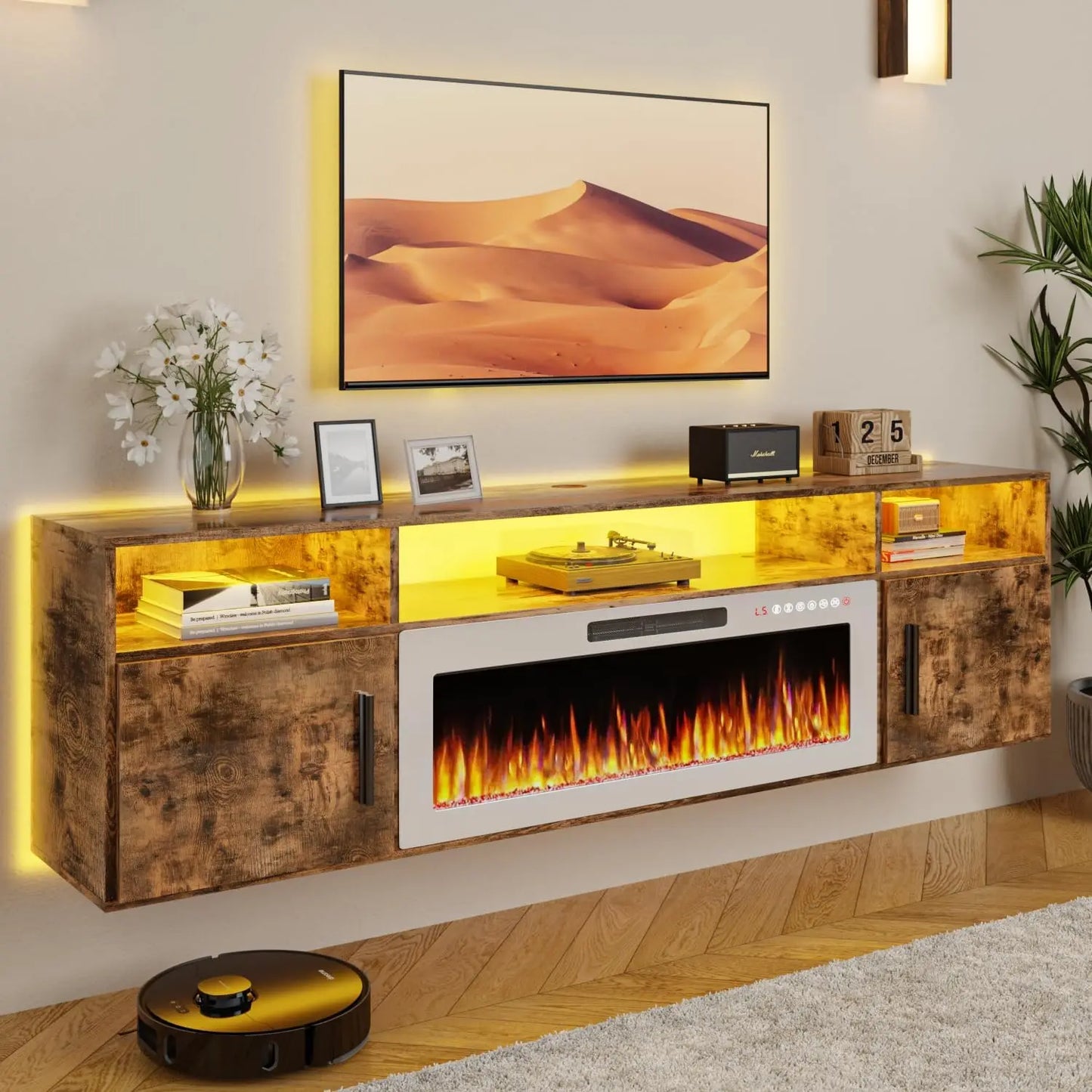 70" Floating TV Stand with 36" Electric Fireplace, High Gloss Finish Wall Mounted Electric Fireplace TV Stand with Storag