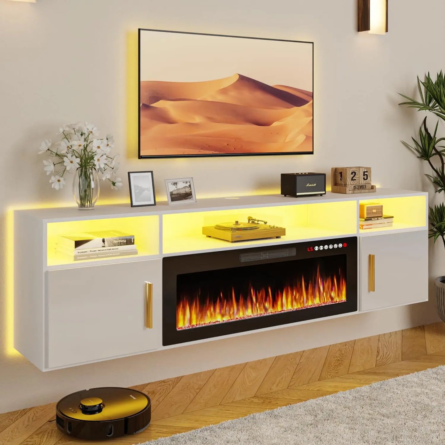 70" Floating TV Stand with 36" Electric Fireplace, High Gloss Finish Wall Mounted Electric Fireplace TV Stand with Storag