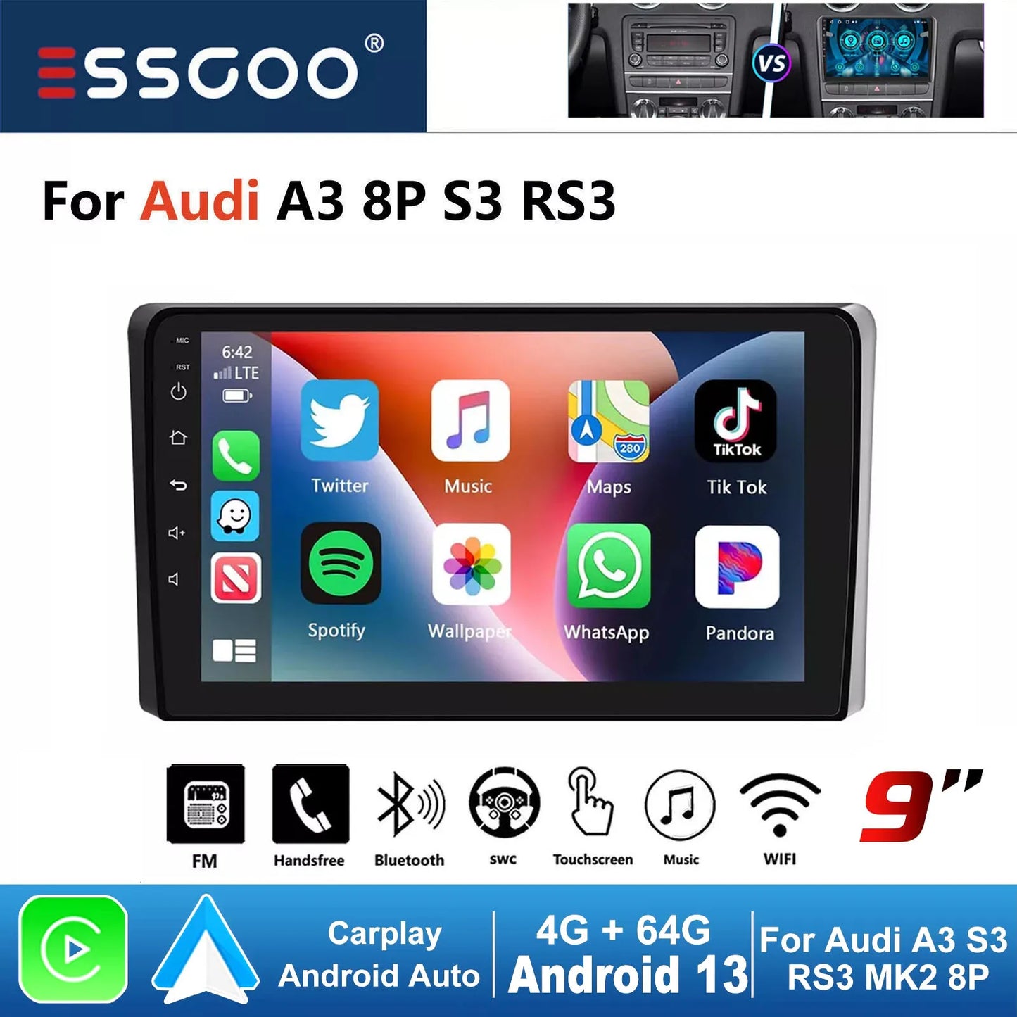 ESSGOO 9" Carplay AndroidAuto Car Stereo Multimedia Player Radio Android 13 GPS SAT Navi Wifi BT FM RDS For Audi A3 8P 2003-2013