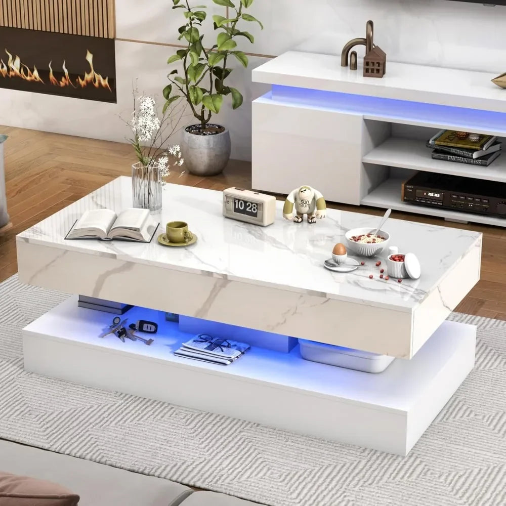 47inch Large High-Glossy LED Coffee Table with 2 Sliding Drawers, Living Room Storage Tables with Marbling Print