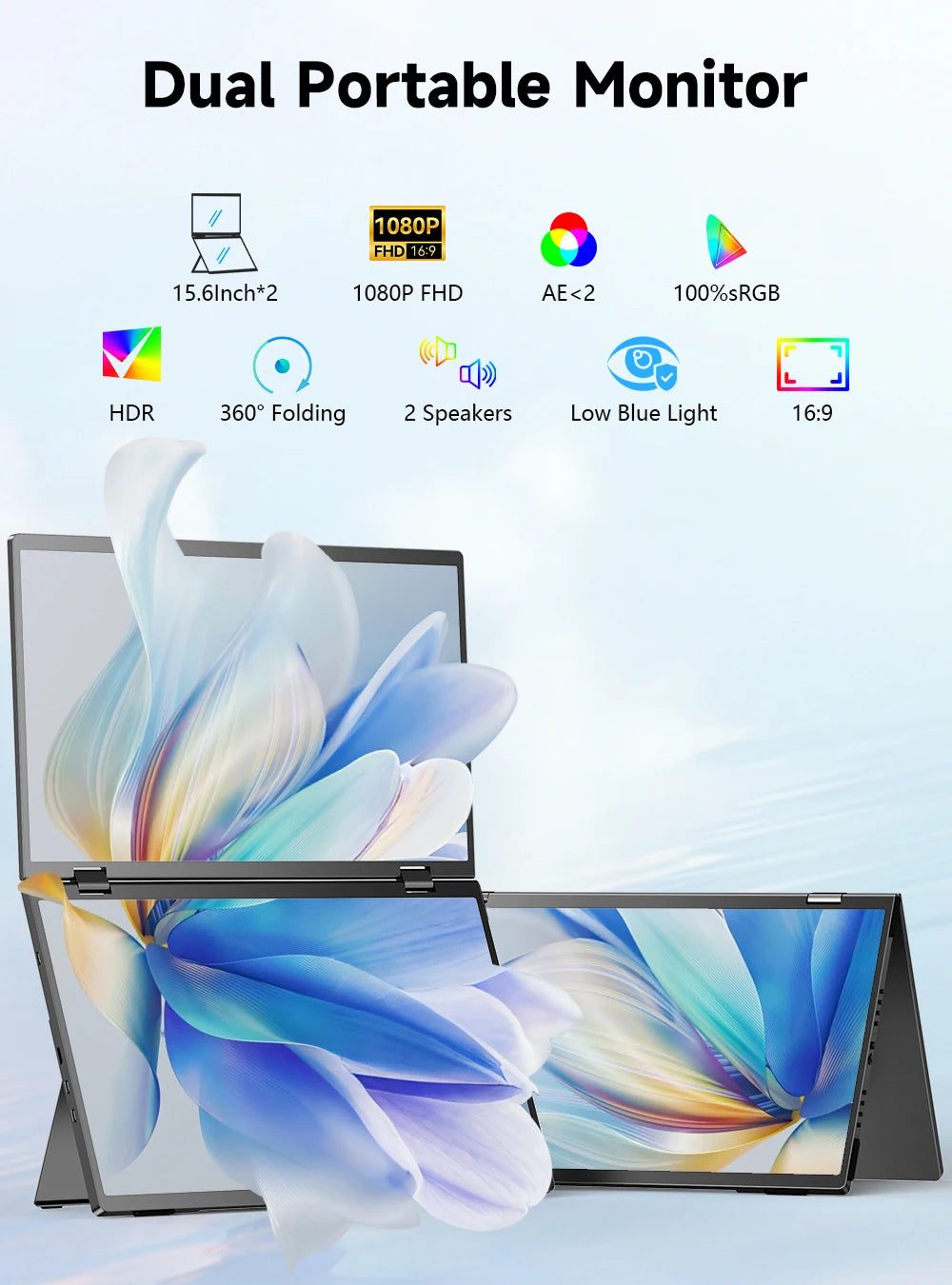 EVICIV 15.6" Dual Portable Monitor for Laptop Screen Extender 1080P HDR 360° Folding Stacked Triple Monitor with Stand for PC