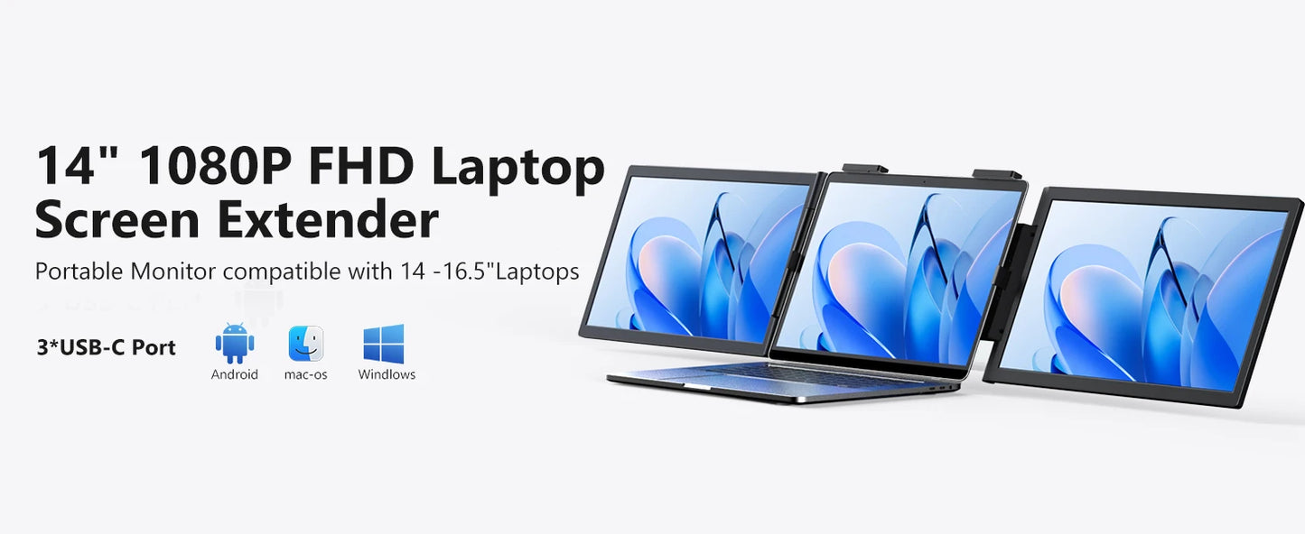 Amoudo 14 Inch 1920*1080P Dual Laptop Monitor IPS Portable Triple Monitor with USB-C Port for 14-16.5" Laptops Windows/Mac Xbox