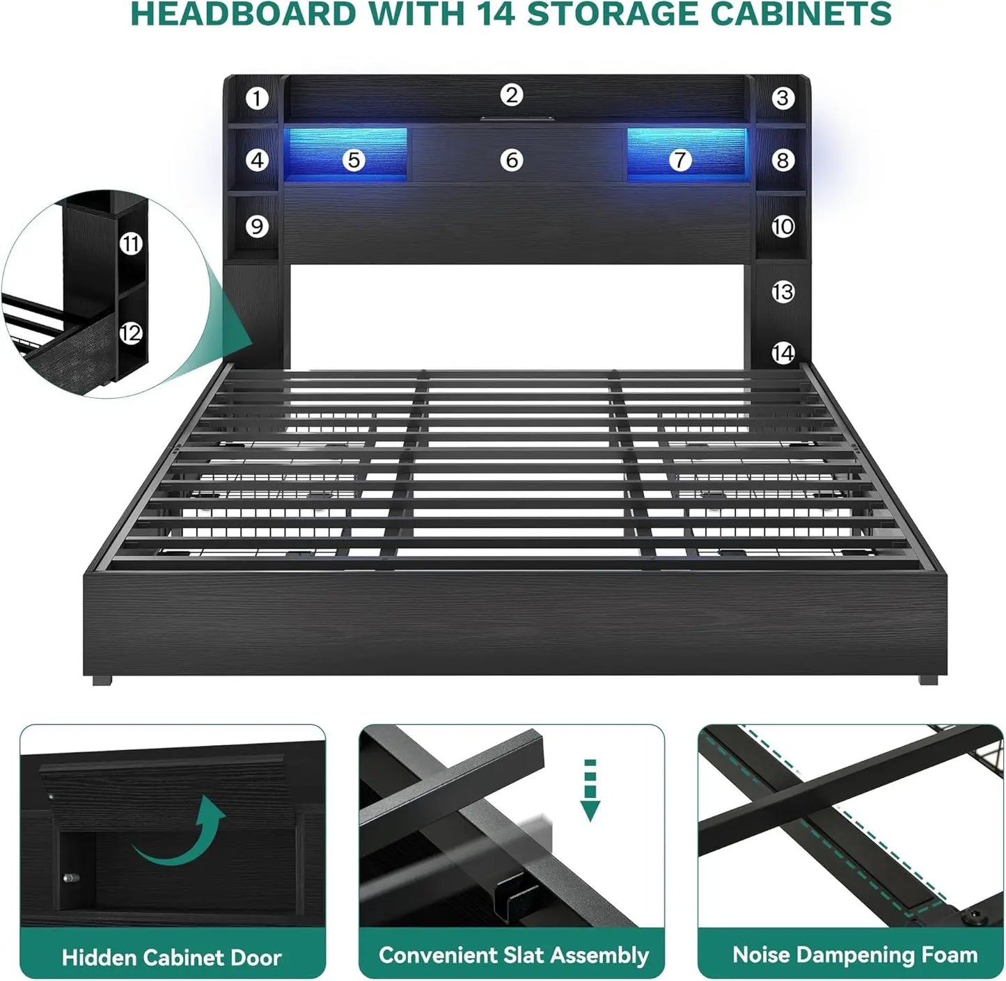 Queen Bed Frame Bookcase Headboard, 4 Drawers, RGB LED, Type-C & USB, No Box Spring, Noise Free, Black