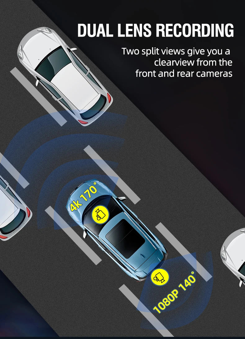 QOZ 4K WIFI Dash Cam Front Camera Dual Lens Dashcam Car DVR Video Recorder with GPS Night Vision 24H Parking for Car