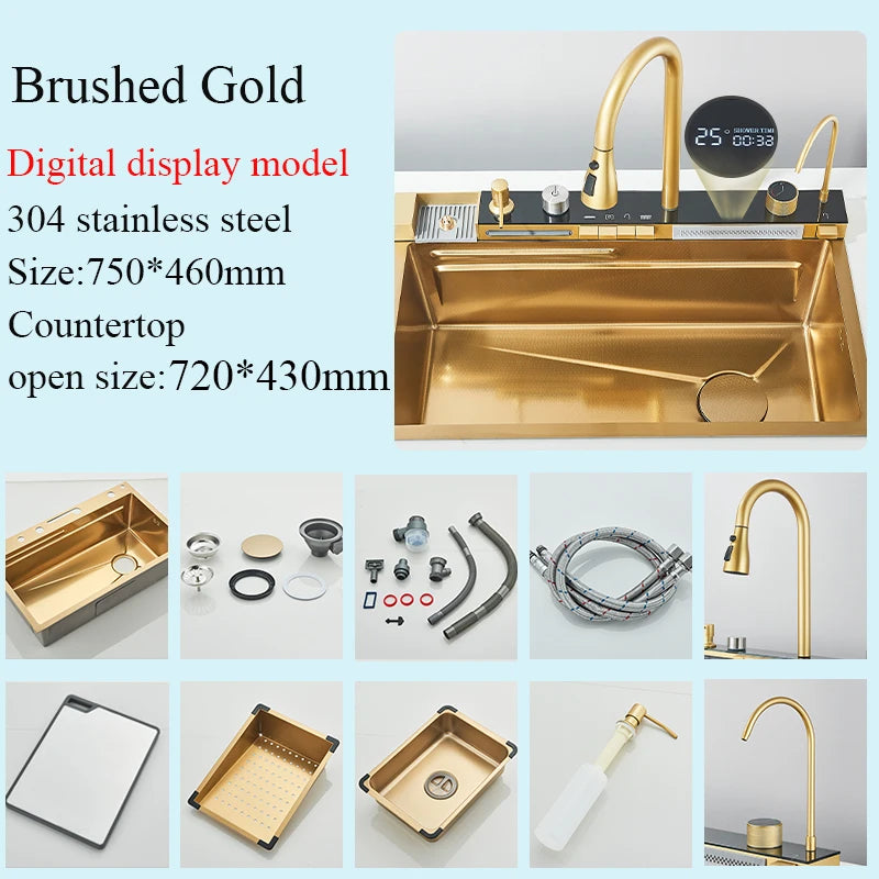 304 Stainless Steel Waterfall Kitchen Sink Large Single Slot Integrated Digital Display Faucet Set Soap Dispenser Cup Washer