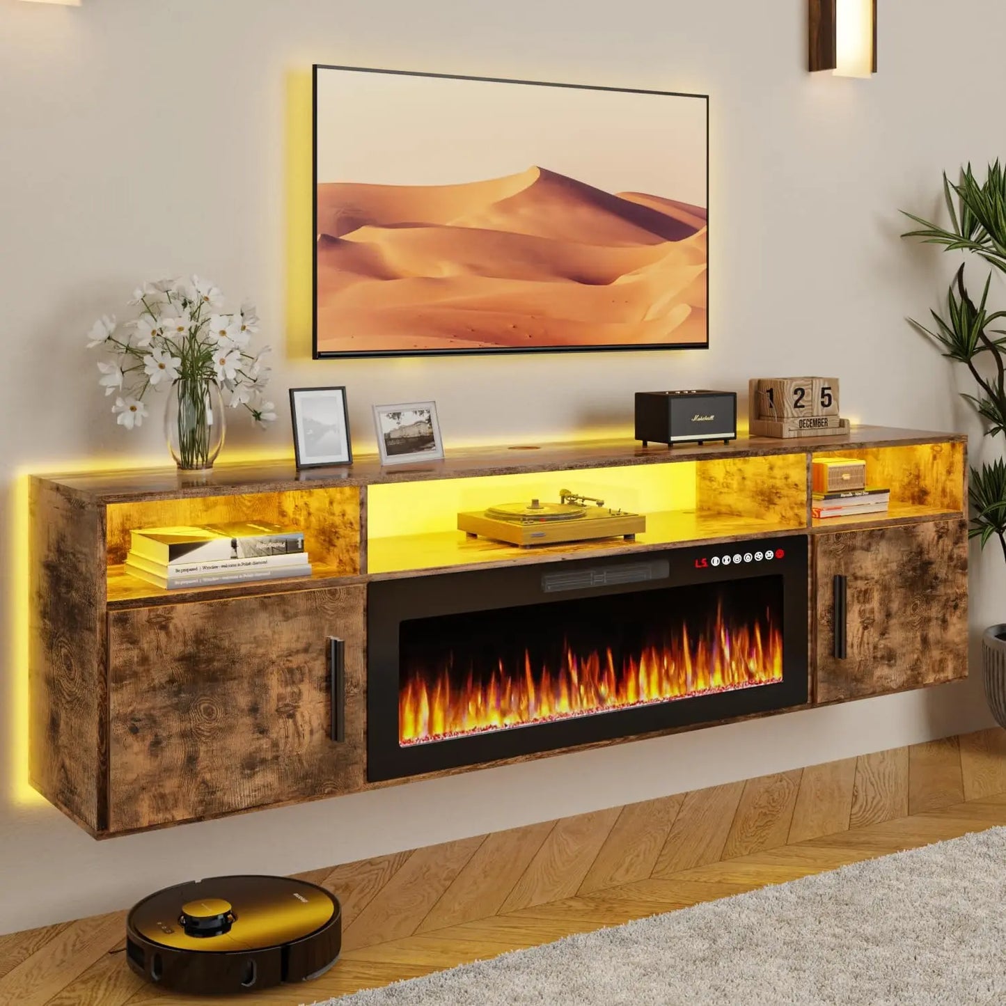 70" Floating TV Stand with 36" Electric Fireplace, High Gloss Finish Wall Mounted Electric Fireplace TV Stand with Storag
