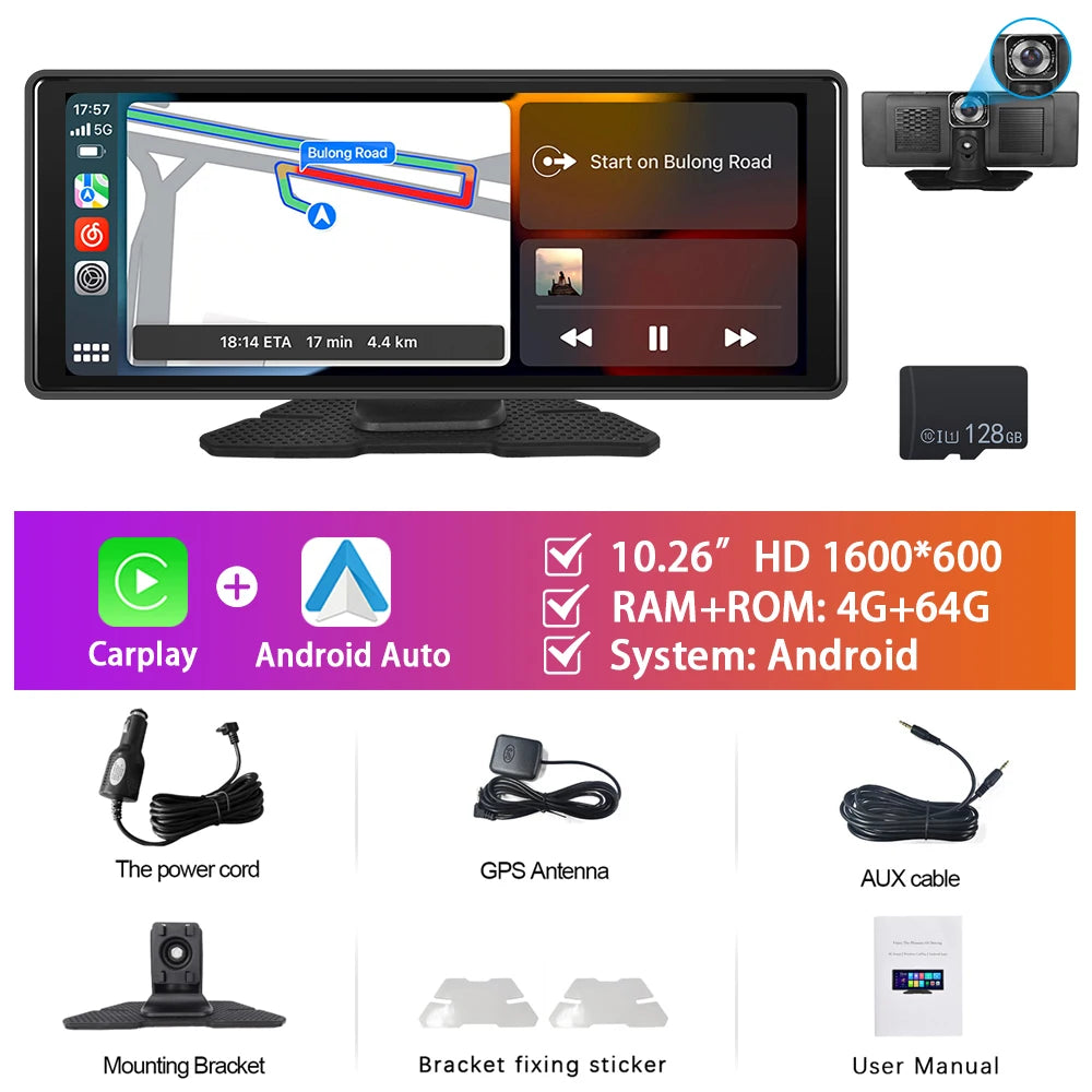Podofo 4+64G Android 13 Car Monitor Wireless Carplay Android Auto 10.26'' Dashboard Dash Cam GPS WIFI Front Camera Smart Player