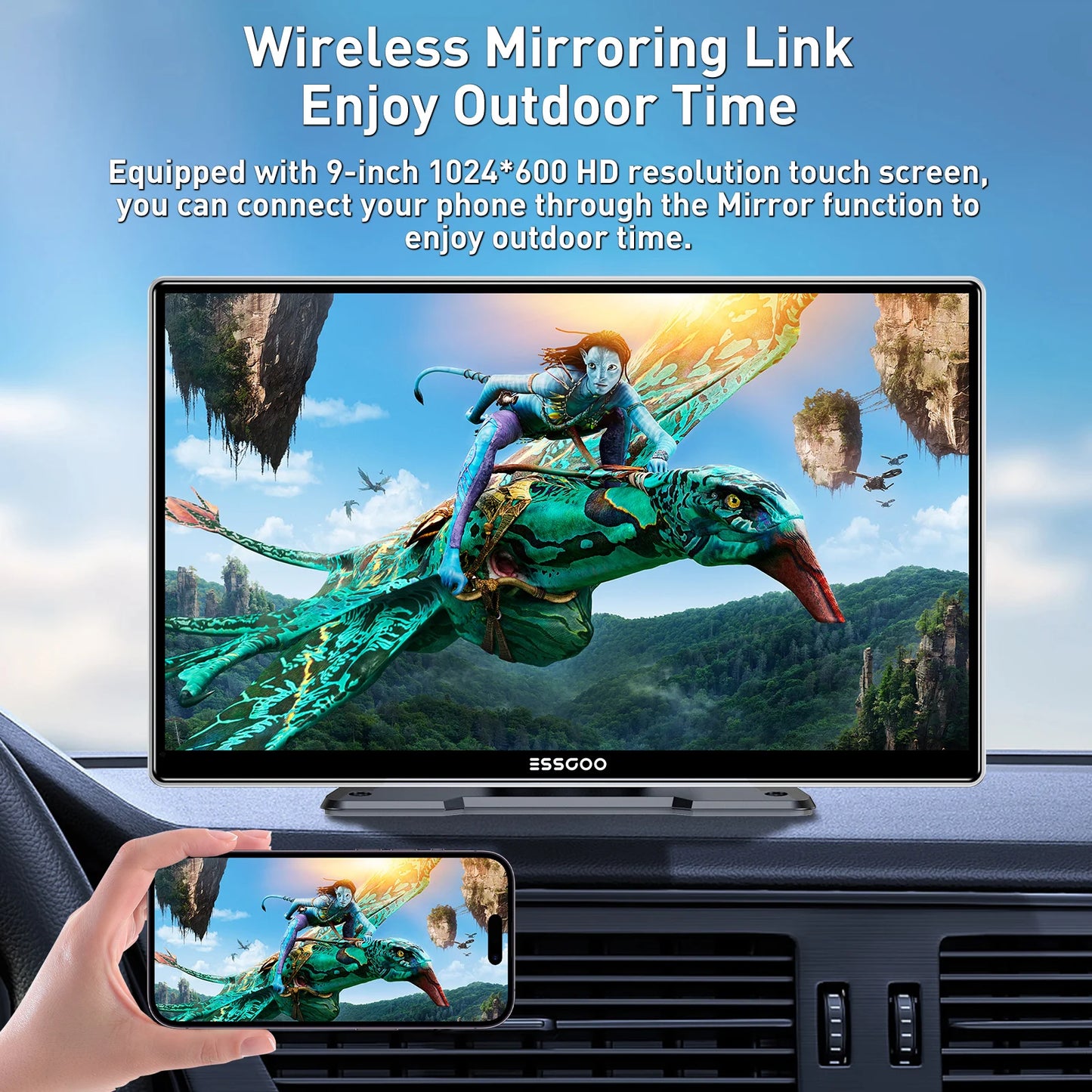 ESSGOO 9 Inch Touch Screen Portable Car Stereo Radio Wireless Apple Carplay Android Auto USB TF Bluetooth Mirror Link