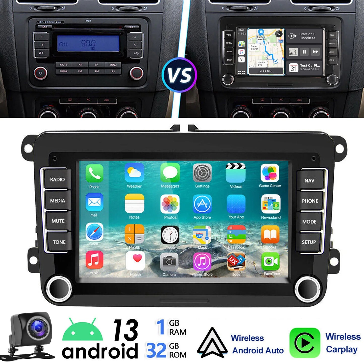 ESSGOO 7" Android 14 4G+64G Apple Carplay Car Stereo GPS NAVI WIFI RDS FM BT for VW Golf 5 6 Passat Polo Touran Tiguan Caddy EOS