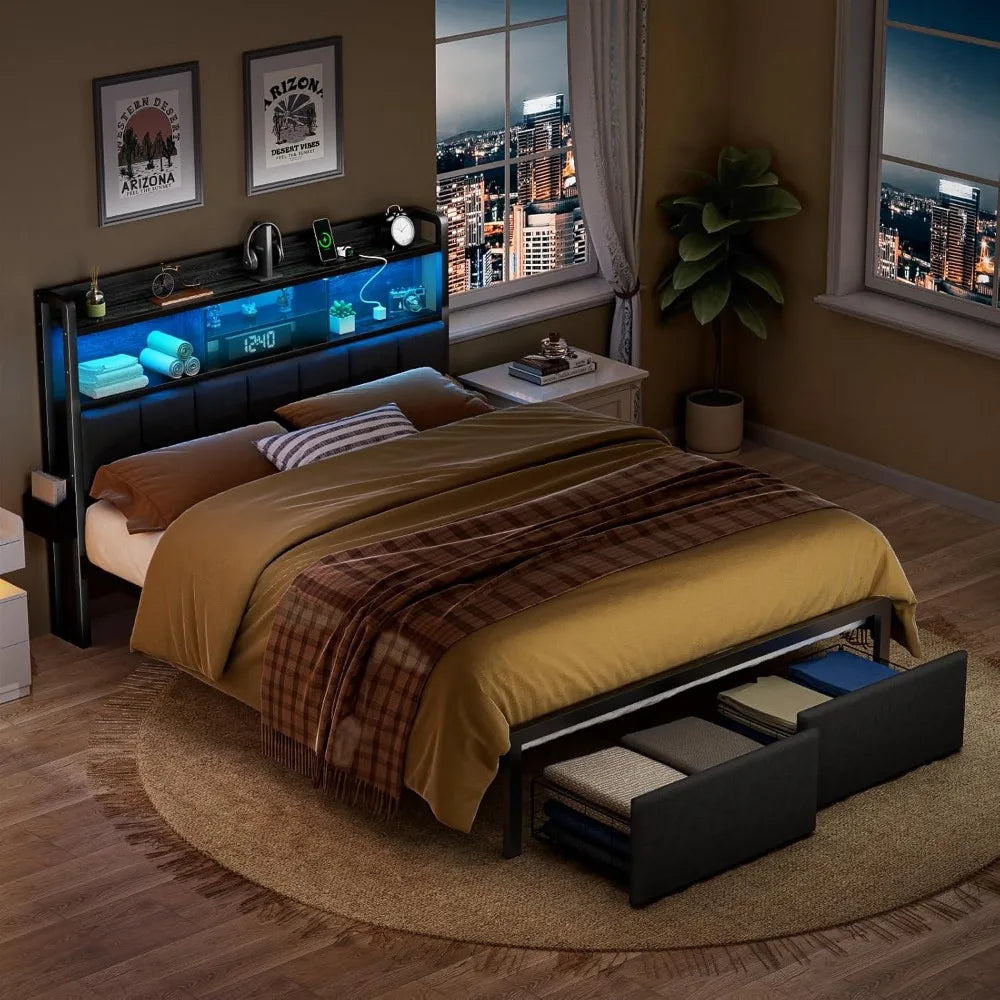 Furnulem Queen Bed Frame with Storage Drawers, Upholstered Headboard with Storage Shelf, LED Lights and Charging Station