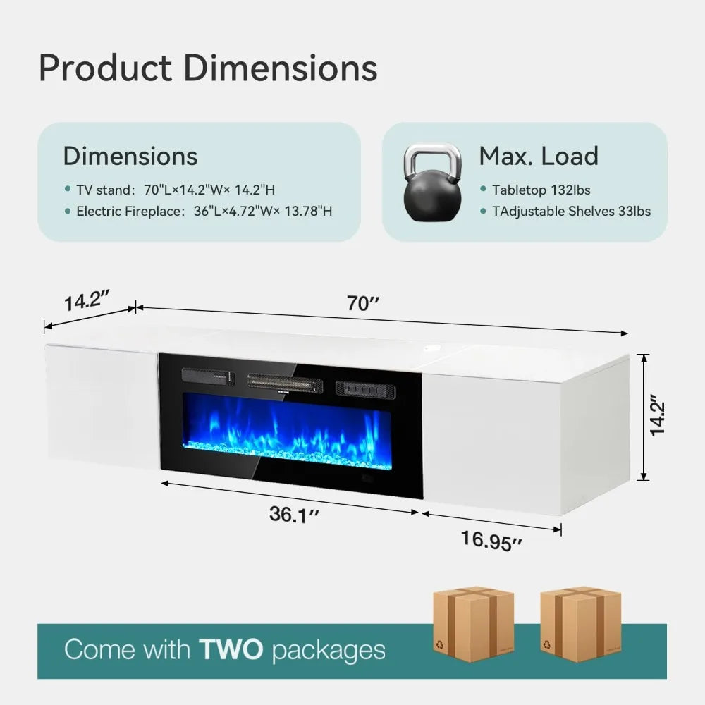 70'' Floating TV Stand with 36"Electric Fireplace, Entertainment Center Wall Mounted,Modern Wood Media TV Console with Fireplace