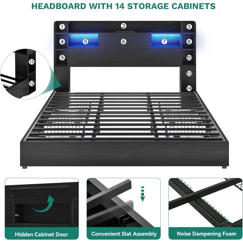 DWVO King Size Bed Frame with Bookcase Headboard and 4 Storage Drawers ...